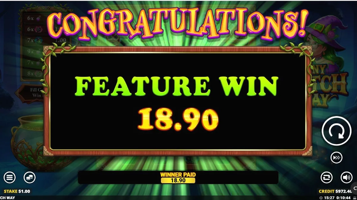 Interface do slot Any Witch Way com caldeirão mágico e símbolos temáticos