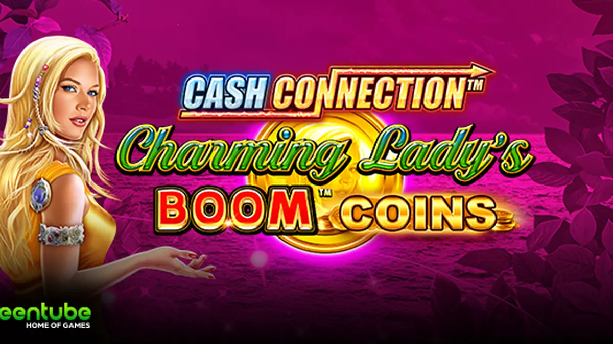 Interface vibrante do slot Cash Connection Charming Lady’s Boom Coins com foco nos símbolos de moedas