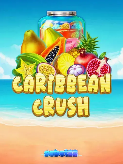 Interface vibrante do slot Caribbean Crush com frutas tropicais e fundo de praia